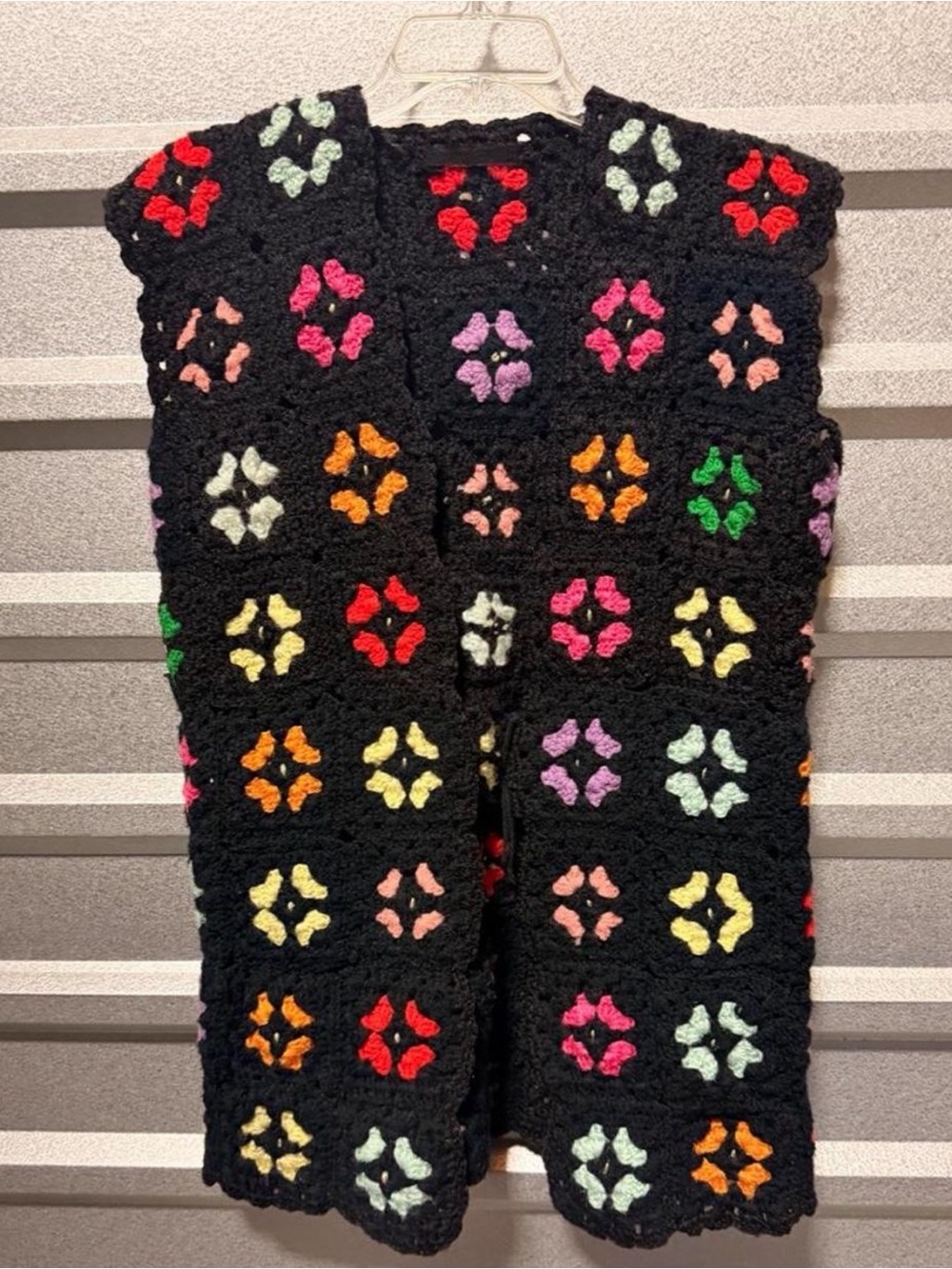 Vintage Handmade Black Crochet Vest with Multicolor Floral Squares